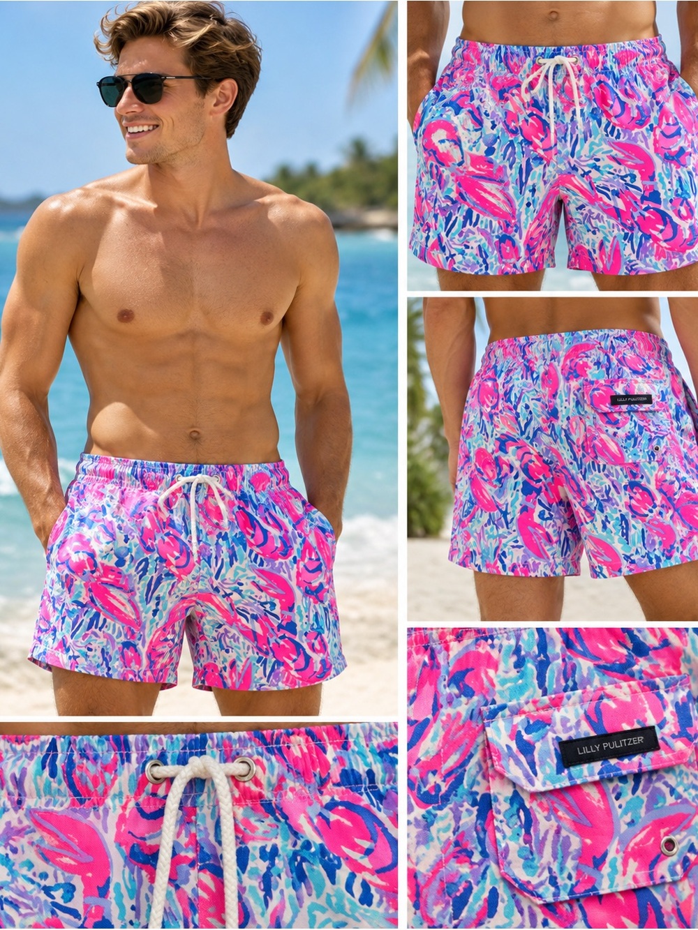 Lilly Pulitzer Men’s Lobster Print Swim Trunks Pink Blue